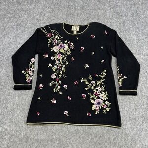 Vintage Heirloom Collectibles Sweater Womens M‎ Black Floral Embroidered Y2K